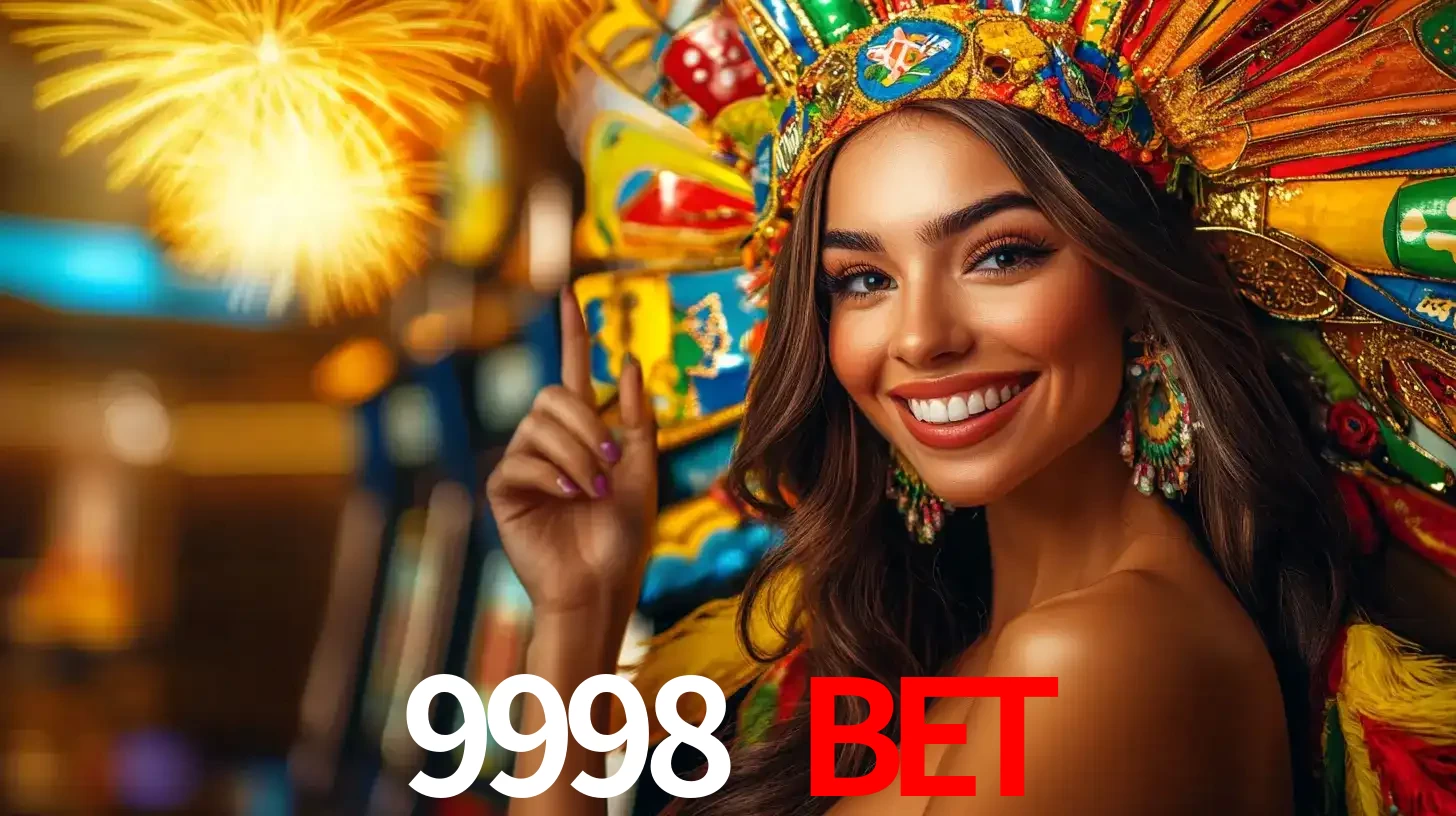 Mulher sorridente com um cocar de carnaval vibrante e colorido, celebrando uma grande vitória nos jogos do cassino 9998 BET com fogos de artifício ao fundo.