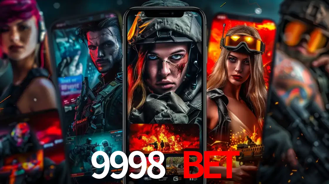 Montagem de telas de celular mostrando diversos personagens, masculinos e femininos, de um jogo de tiro, ilustrando a diversidade de equipes de e-sports para apostar no 9998 BET.