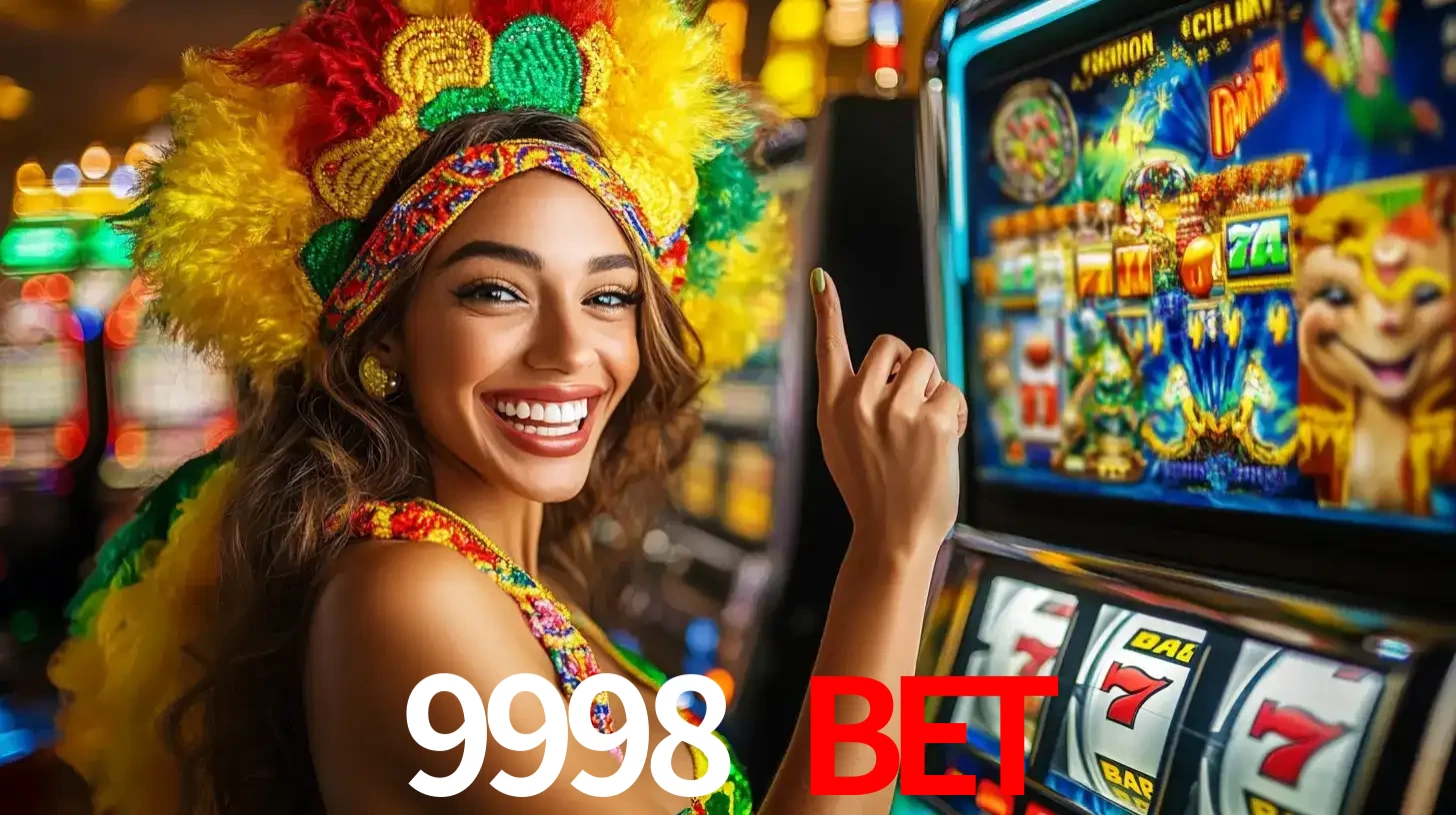 Mulher animada com um cocar de carnaval apontando para uma máquina de caça-níqueis, mostrando a emoção de ganhar um grande prêmio nos jogos do 9998 BET.