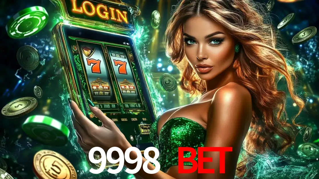 Mulher com tema verde apresentando o aplicativo do cassino 9998 BET com um jogo de slot de 777, cercada por fichas de cassino e uma aura de sorte.
