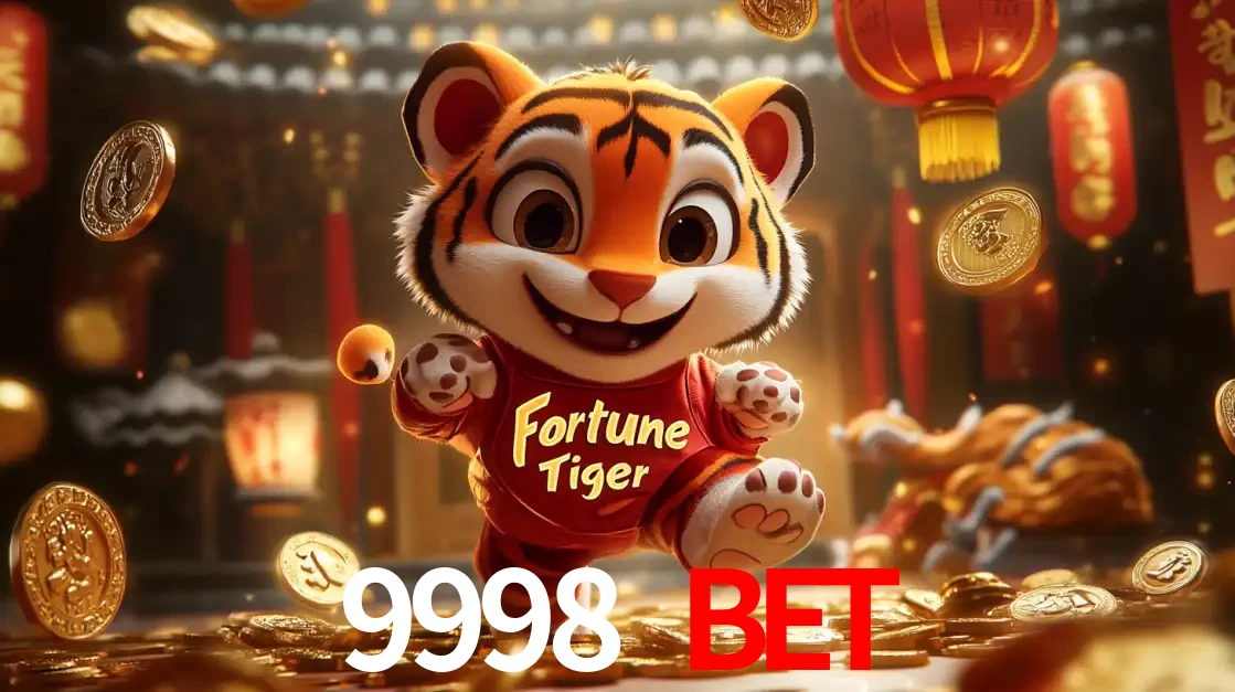 O alegre personagem do Fortune Tiger correndo sobre um caminho de moedas de ouro, simbolizando os grandes prêmios e a diversão do popular jogo de slot do 9998 BET.