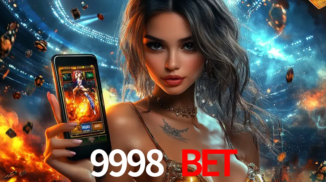 Mulher segurando um celular com um jogo de slot em destaque, tendo como fundo um estádio vibrante, simbolizando a emoção de jogar no cassino móvel 9998 BET.