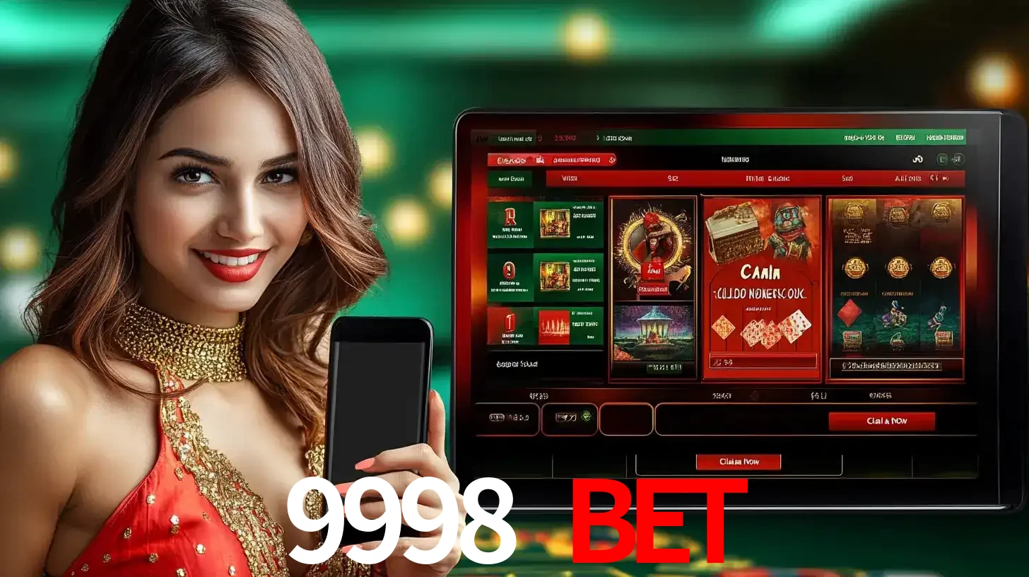 Mulher sorridente segurando um smartphone, ao lado de uma tela exibindo o lobby de jogos do cassino online 9998 BET, com várias opções de jogos de cartas e slots.